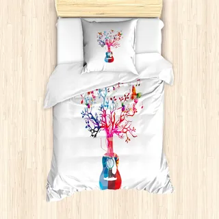 ABAKUHAUS Gitarre Mantele, Baum Schmetterlinge, Milbensicher Allergiker geeignet mit Kissenbezügen, 135 cm x 200 cm - 80 x 80 cm, Mehrfarbig