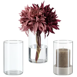 Relaxdays Vasen aus Glas, Blumenvasen im 3er Set, Glasvasen für Blumen & Kerzen, HD: 15 x 9,5 cm, Tischvase, transparent