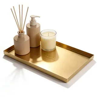 Deko Tablett Gold Rechteckig, Badezimmer Tablett Edelstahl Gold Dekotablett, 30 x 20cm Metall Schmuckschale Kerzentablett Ablageschale FüR Bad, Schminktisch,Kommode, Kosmetik, Schmuck