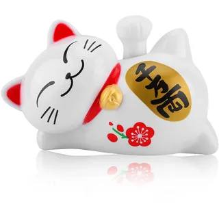HERCHR Winkekatze Glückskatze Solar Neko, Niedliche Neko Glückskatze Figuren Liegend Winkend Glück Verheißend Fengshui Dekor, Auto Dekor Begrüßen Wohnaccessoires (Weiß)