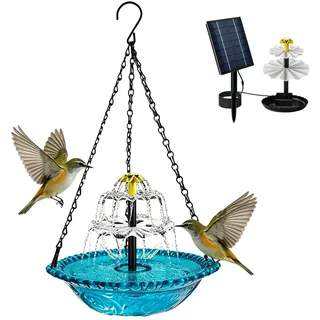Vogeltränke Hängend mit Solar Springbrunnen, 3-Stufiges Vogelbad mit Fließendem Wasser, Solarbetriebene Vogeltränke für Garten, Balkon, Terrasse, Blau, Metallketten für Dekoration und Vögelpflege
