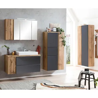 Badezimmer Möbel Set mit Keramik-Aufsatzbecken rechts und LED Beleuchtung, Wotan Eiche Nb. mit matt grau, VASTO-03-GREY - Grau