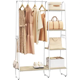 WOLTU Kleiderständer, Kleiderstange für Schlafzimmer Wohnzimmer Eingangsbereich, mit 4 Ablagen 6 Haken, aus Holzwerkstoff und Metall, Helle Eiche + Weiß/Dunkle Eiche + Schwarz, 100 x 152 x 40 cm