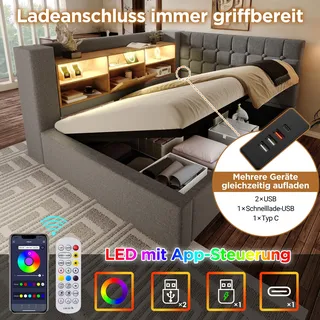 okwish L-förmiges Schlafsofa 90x200 Einzelbett mit LED-Beleuchtung und offenen Staufächern an der Rückwand,Jugendbett Daybett mit Bettkasten,Grau (Ohne Matratze) - Grau