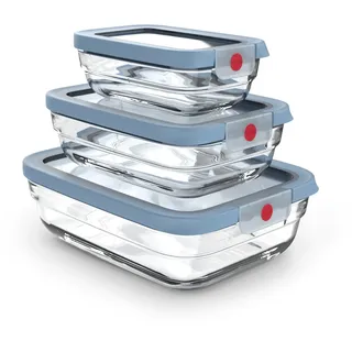 EMSA OneClick Glas Set 3-tlg. Lebensmittelaufbewahrungsboxen, Food Storage | ofenfest bis 420 °C, 100% auslaufsicher, mikrowellen- und spülmaschinengeeignet, 0,45 L, 1 L, 2 L, Blau, N1240950