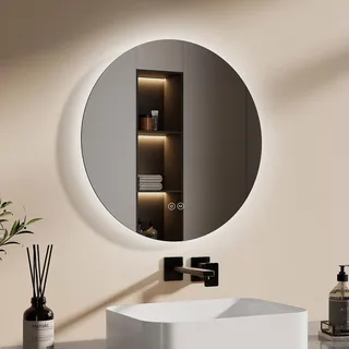 EMKE LED Badezimmerspiegel Badspiegel mit Beleuchtung Rund 50cm 3 Lichtfarben Dimmbar Lichtspiegel mit Touchschalter Energiesparend LED Spiegel - Silber