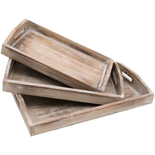 HMF Deko Tablett aus Holz im Vintage Design, 3er Set, Versch. Größen, Shabby Chic, Klassik