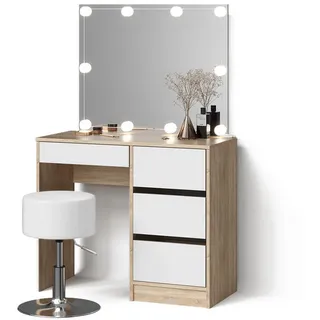 Livinity® Schminktisch Imola Sonoma mit LED Beleuchtung und Hocker , Sonoma Eiche, Weiß , Holzwerkstoff , 4 Fächer , 4 Schubladen , Rechteckig , 90x75x40 cm , Schlafzimmer, Schminktische