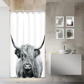 AMBZEK Kleiner Duschvorhang mit Highland-Kuh-Motiv, 91 x 183 cm, Westernbull, Einzelbett, Wohnmobil, Bauernhaus, Rinder, Land, lustiges Kunstwerk, Stoff, wasserdichtes Polyester, Badezimmer-Dekor-Set