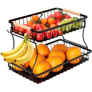cozary 2 Stockig Obstkorb Etagere, Obst Etagere mit 2 Ablagebrettern, Fruits Basket Stapelbar, Raumsparend, Gemüse, Snacks zu Hause, Küche, Büro, Etagere Schwarz, 37x24x23cm