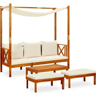 Gartenbank mit Tisch & Fußhockern Massivholz Akazie - Braun, Weiß