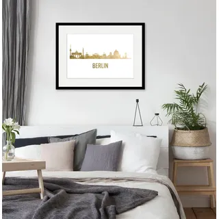 Queence »Berlin Skyline GOLD« Berlin Deutschland Schriftzug Stadt Städte 1 Stk. tlg. HD Premium Poster-Druck inkl. Holzrahmen,