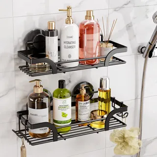 TAILI Duschablage Ohne Bohren, Einstellbar Dusche Caddy Saugnapf 2er Set Dusche Zubehör mit Haken Rostfrei Schwarz Duschregal Organisator für Küche Badezimmer