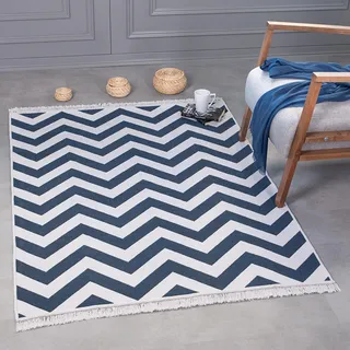 Kurzflor Teppich Läufer - Boho Kelim Teppich, Wohnzimmerteppich, Schlafzimmer und Küchenteppich, Flur Teppich, 160 x 230 cm, Zigzag-Blau-Weiß - Schwarz