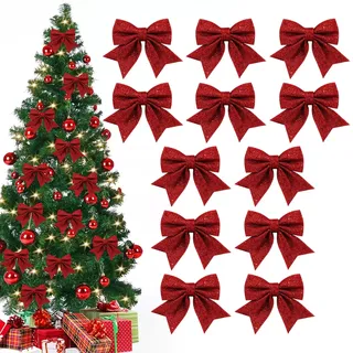 Weihnachtsbaum Deko, 12 Stück Rote Schleifen Weihnachten, Schleifen Weihnachtsbaumschmuck, Weihnachtsschleifen für Christbaumschmuck Weihnachtsdeko Weihnachten Adventskranz Deko (Rot) (Rot)