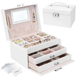 Schmuckkasten, Schmuckkästchen mit Schubladen für Damen Mädchen, PU-Leder Schmuckbox Schmuckschatulle Groß Schmuck Organizer für Ringe Ohrringe Armbänder Halsketten, Weiß