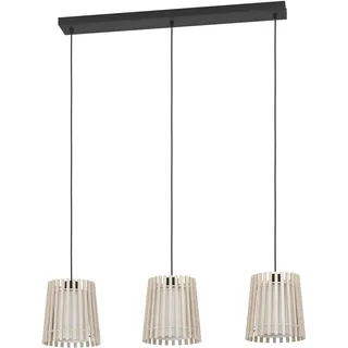 EGLO Hängelampe Fattoria, 3-flammige Pendelleuchte über Esstisch, Esszimmerlampe aus hellem Holz, Textil in Weiß und Metall in Schwarz, Hängeleuchte mit E27 Fassung, 90 cm