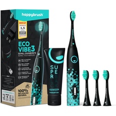 happybrush® Elektrische Schall-Zahnbürste Eco VIBE 3 - Nachhaltige Zahnbürste mit 6 Wochen Power-Akku inkl. 3 Aufsteckbürsten und Zahnpasta - Schwarz/Mint