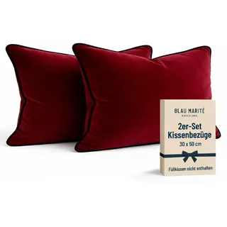 Blau Marité Kissenbezüge 30x50 cm – 2er Set aus weichem Samt – Dekokissen mit kontrastierendem Rand – Bordeaux – Ohne Füllung