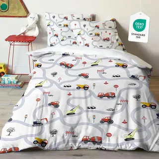 Yasida Autos KinderbettwäSche 135x200 Jungen Traktor Mikrofaser BettwäSche Mit Verkehrsschildern Und StraßEn FüR Jungen Teenager Bagger BettwäSche 135x200cm Mit ReißVerschluss+1Kopfkissenbezug 80x80cm