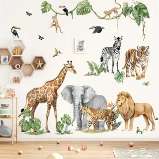 decalmile Wandtattoo Safari Tiere XXL Elefant Giraffe Wandaufkleber Dschungel Tiere Löwe Leopard Zebra Wandsticker Kinderzimmer Babyzimmer Schlafzimmer Wanddeko