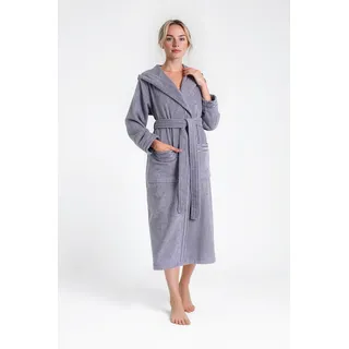 Damenbademantel BRUNO BANANI "Clement, ideal für Sauna & Spa, Hotelbademantel, Morgenmantel" Gr. XXL, grau, L:125cm, Walkfrottier, Hausmäntel, Damenbademantel, 100% Baumwolle, einfarbig, glänzende Streifen-Bordüre, Taschen, XS-3XL