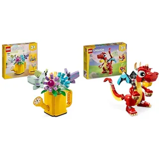 LEGO Creator 3in1 Gießkanne mit Blumen Set, Kinderzimmer-Deko & Creator 3in1 Roter Drache, Spielzeug mit 3 Tierfiguren inkl. Roter Drache