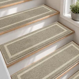 COSY HOMEER 4 Stück Treppenstufen Matten 70x22cm, Beige | Stufenmatten innen, melierte Struktur mit hellem Rahmen, TPE-Rücken ohne Klebeband, rutschfest, waschbar