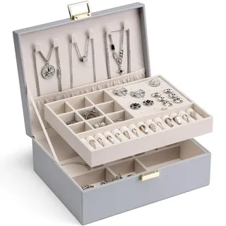 Vlando 2-lagige Schmuckschatulle, großer Schmuck-Organizer für Damen, abnehmbares Schmucktablett für Halsketten, Ohrringe, Ringe, Armbänder, Schmuckschatullen für Frauen, Geschenk