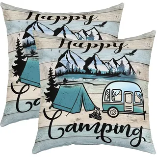 Happy Camping Kopfkissenbezüge 60x60 Set von 2, Camper Kissenbezüge für Sofa, Rustikales Bauernhaus Dekorative Camping Kissen, Rv Auto Thema Bunte Vintage Hölzerne Kissenhüllen