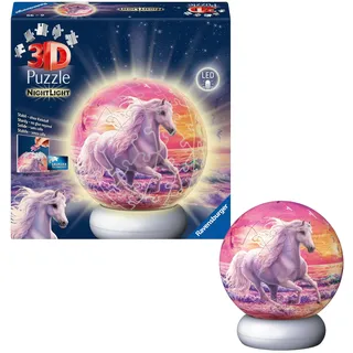 Ravensburger 3D Puzzle-Ball Nachtlicht Pferde am Strand - Puzzle ab 6 Jahre | 72 Teile, Mit LED Nachtlicht, Ideal als Nachttischlampe, Schwierigkeitsgrad 2/5, Durchmesser: ca. 12,9 cm, Ohne Klebstoff