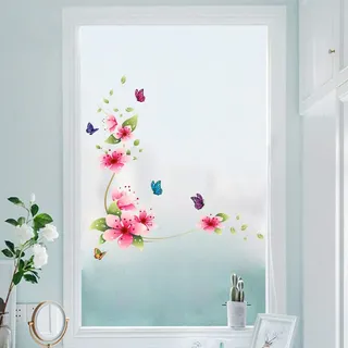 WandSticker4U®- Wandtattoo BLUMEN RANKE ROMANTIK rosa/rot (62x64 cm) I Wandsticker Blumen rot Pflanzen Schmetterlinge Fensterbilder Frühling I Wanddeko Badezimmer Fliesen Küche Tür Möbel Aufkleber