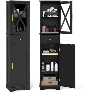 FANTASK Aufbewahrungsschrank, Badschrank mit verstellbaren Einlegeböden, Schublade & 2 Türen, Badezimmerschrank hoch, Hochschrank für Badezimmer & Wohnzimmer (Schwarz)