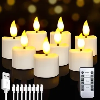 Bowfar Wiederaufladbare Teelichter, 8 Stück Aufladbar LED Kerzen Flackernde mit Fernbedienung und Timer, Elektrische Teelichter mit 8-Port USB-C Kabel für Zimmer Party Halloween Tisch Weihnachtsdeko