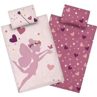 Aminata kids Biber Kinderbettwäsche 100x135 Mädchen Fee rosa pink Baumwolle mit Reißverschluss Kinder-Wende-Bettwäsche-Set Fairy Sterne