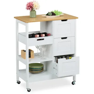 Relaxdays Küchenwagen, Arbeitsplatte, 3 Schubladen, 3 Fächer, HBT: 85x68,5x38,5 cm, Kücheninsel auf Rollen, weiß/natur
