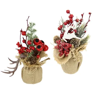 Gesteck mit Tanne Beeren und Elch Geweih im Jute-Topf Kunstblume Künstliche Weihnachtsblume Winterblume Blume Pflanze Zweige Arrangement Weihnachtsdeko Tischdeko Tannengesteck Blumenschmuck 2er Set