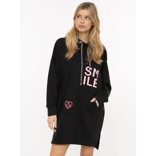 Sweatkleid ZWILLINGSHERZ "Alissa", Damen, Gr. S/M, N-Gr, schwarz, Sweatware, Obermaterial: 50% Baumwolle, 50% Polyester, Kleider Sweatkleid, Kapuze, Kängurutasche, Neon-Details, Print