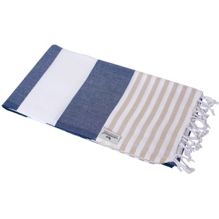 carenesse Hamamtuch Tommy 100 x 180 cm I Hamam Handtuch 100% Baumwolle im Marine Look: blau-weiß-beige gestreift I Extra breites & saugfähiges Pestemal/Fouta I Saunahandtuch mit kleinem Packmaß