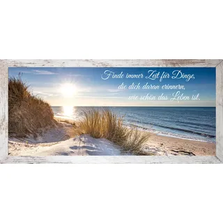 Bild mit Rahmen BÖNNINGHOFF "Wandbild gerahmt STRAND MIT SPRUCH ZEIT 23x49 cm – Natur Wanddeko", blau (farbe rahmen: vintage, farbe bild(er): blau, grün, gelb), B:23cm H:49cm T:2,1cm, MDF, Papier, Bilder, Bild mit Rahmen, mit dekorativem Rahmen