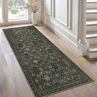 GENIMO Boho Vintage Flur Teppich Läufer, Waschbar & rutschfest, Kurzflor Teppich für Flur, Gang oder Schlafzimmer, Stilvoller Läufer, Antikes Graubraun, 80x200 cm