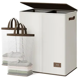 SOLEDI 145L Wäschekorb, Wäschesammler 2 fächer mit Deckel und 2 Wäschesack - Wäschesortierer Groß XXXL Für Badezimmer, Schlafzimmer, Wäschekammer, Kinderzimmer - 2 x 72.5L Beige+Braun