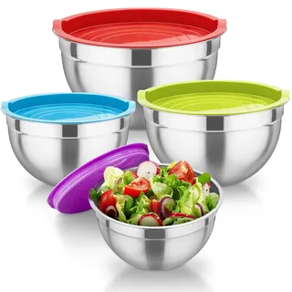 TEAMFAR Rührschüssel Set, 4-teilig Edelstahl Salatschüssel mit Luftdicht Deckel, 4,5/3/1,5/1,2L Schüssel ideal für Backen, Spülmaschinenfest, Bunt