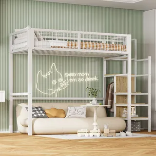 Flieks Etagenbett 90×200cm mit Treppe und Kleiderschrank, Hochbett Jugendbett mit Lattenrost, Kinderbett mit Rausfallschutz, Einzelbett Metallbett, Weiß - Weiß