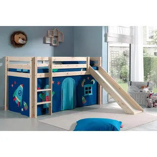 Vipack Hochbett »Pino, Spielbett massiv Kiefer, stabil gebaut, 3 Korpusfarben zur Wahl« inkl. Rolllattenrost, Leiter und Absturzschutz, mit oder ohne Rutsche, Textil-Set "Astronaut", inkl. Vorhang, mit oder ohne Tunnel, beige