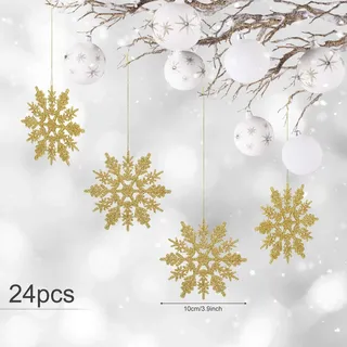 24 x Schneeflocken Weihnachten Deko für Weihnachtsbaum Glitzer Weihnachtsbaumschmuck, gold, Kunststoff - Gold