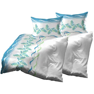 Gerald Wittmann 4teilig Bettwäsche-Set 2X 140x200 cm + 2X 70x90 cm, Mikrofaser, Ornamenten Weiß Blau Grün