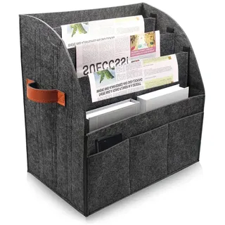 DHSWNNG 40x40x25cm Zeitschriftenständer, Filz Zeitungsständer Grau Modern Sammler Faltbarer Abnehmbare 4 Lagen Trennwand Zeitungskörbe 3 Kleine Taschen Zeitschriftensammler für Haus und Büro