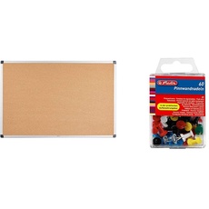 Amazon Basics - Notizbrett aus Kork, Aluminumrahmen, 90 x 60 cm & Herlitz 8770406 Pinnwandnadel 23 mm, 60er Box