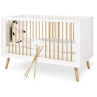 Pinolino Gitterbett , Weiß, Eichefarben , Holzwerkstoff , 140x70 cm , zum Juniorbett umbaubar, höhenverstellbar, zum Sitzsofa umbaubar, Lattenrost inklusive, Schlupfsprossen , Baby & Kindermöbel, Babyzimmer, Babyzimmer-Serien